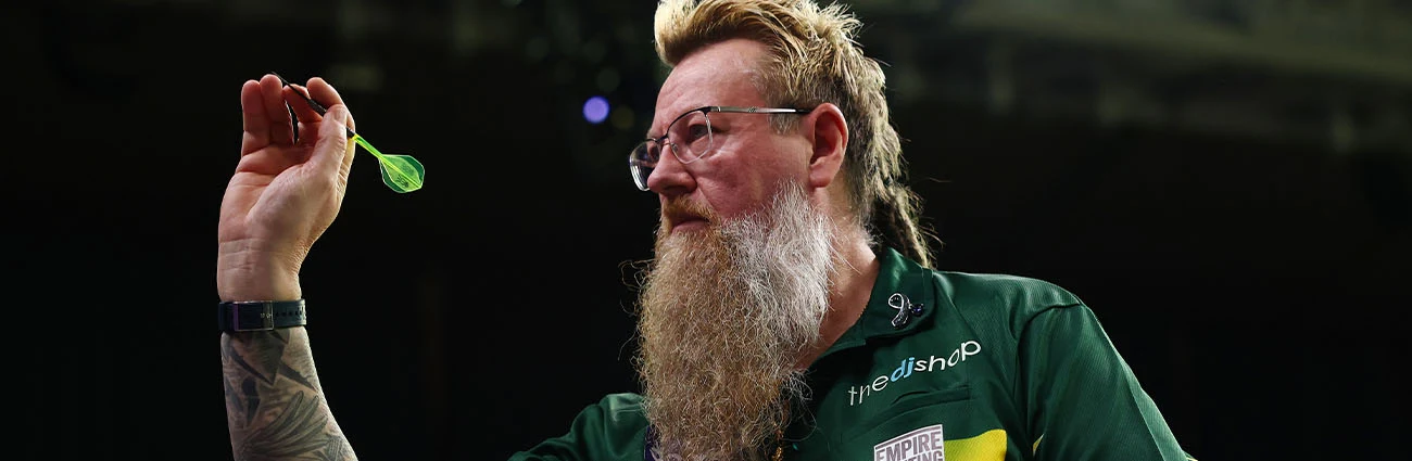 Darts player preparing a throw in the official Melbourne event photograph